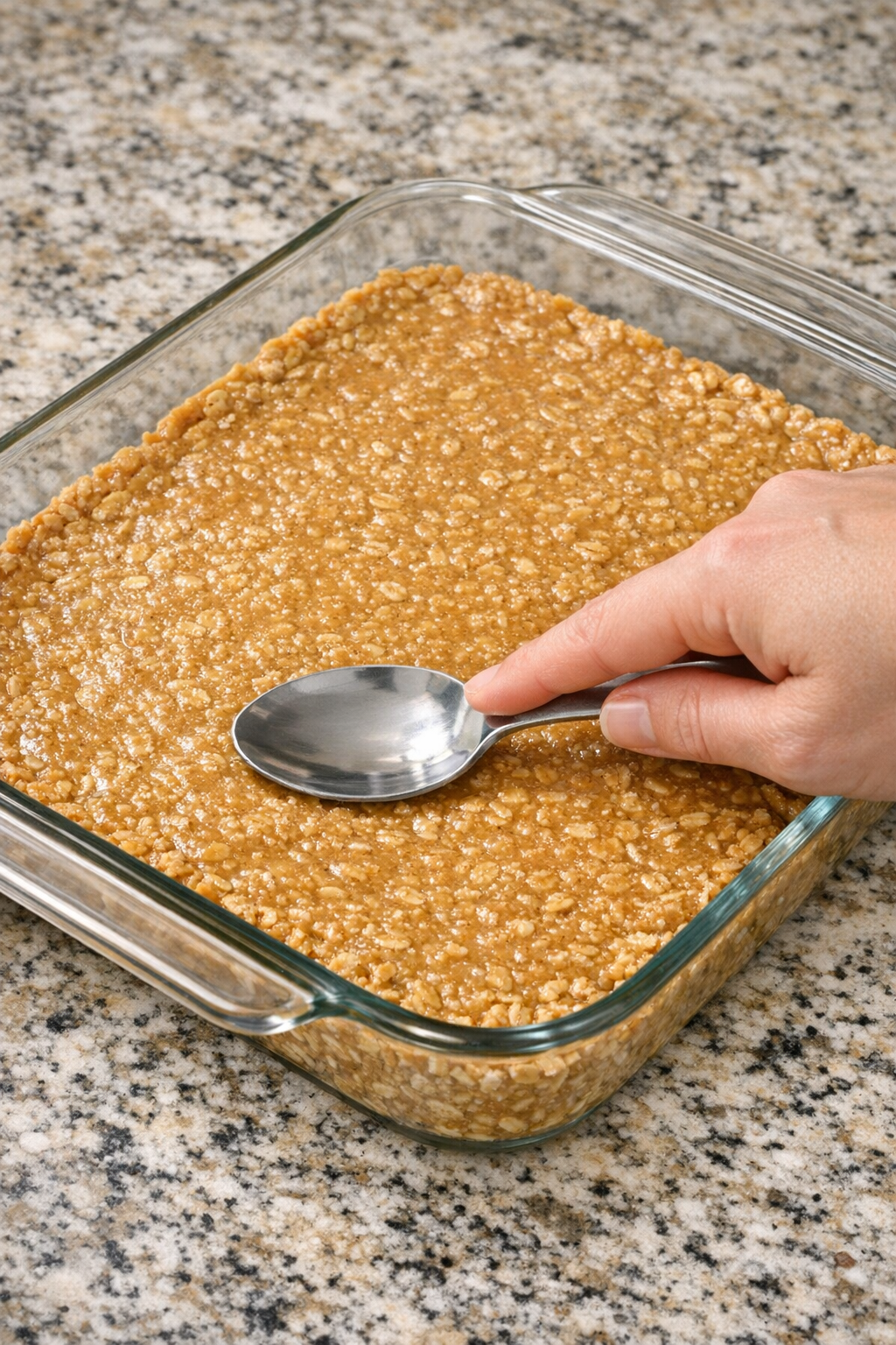 Oat bar mixture pressed into a glass casserole dish
