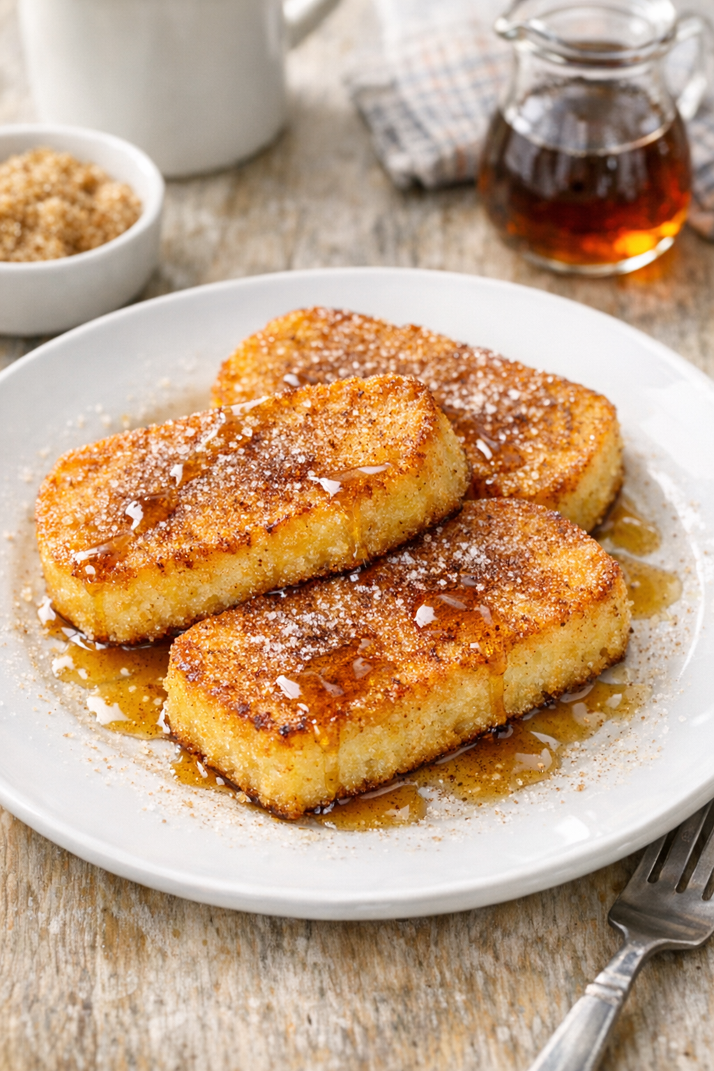 Fried cornmeal mush with syrup and cinnamon sugar