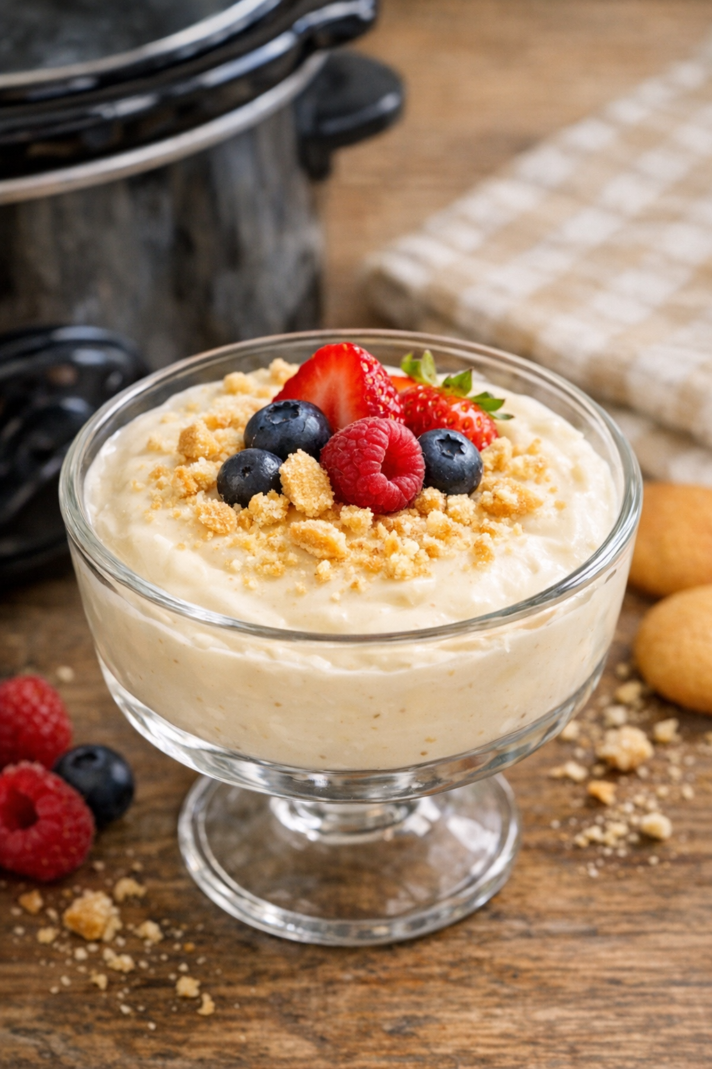 Finished creamy summer cream cheese dessert served chilled in a glass bowl