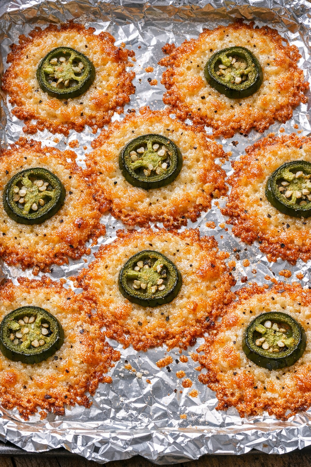 Low carb jalapeno cheese crisps on a foil-lined baking tray