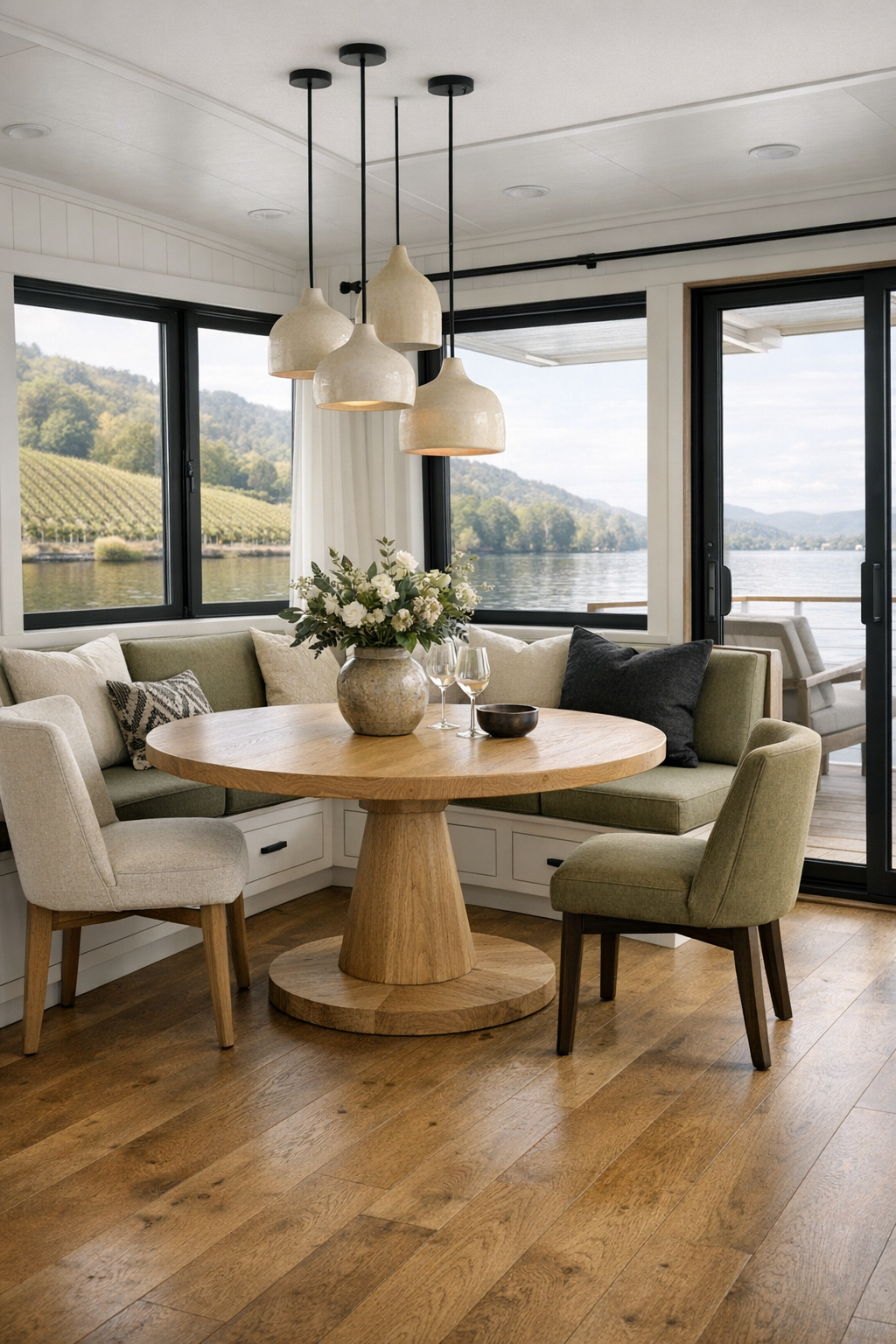 Accessible dining room with a round oak table, upholstered chairs, and a window banquette