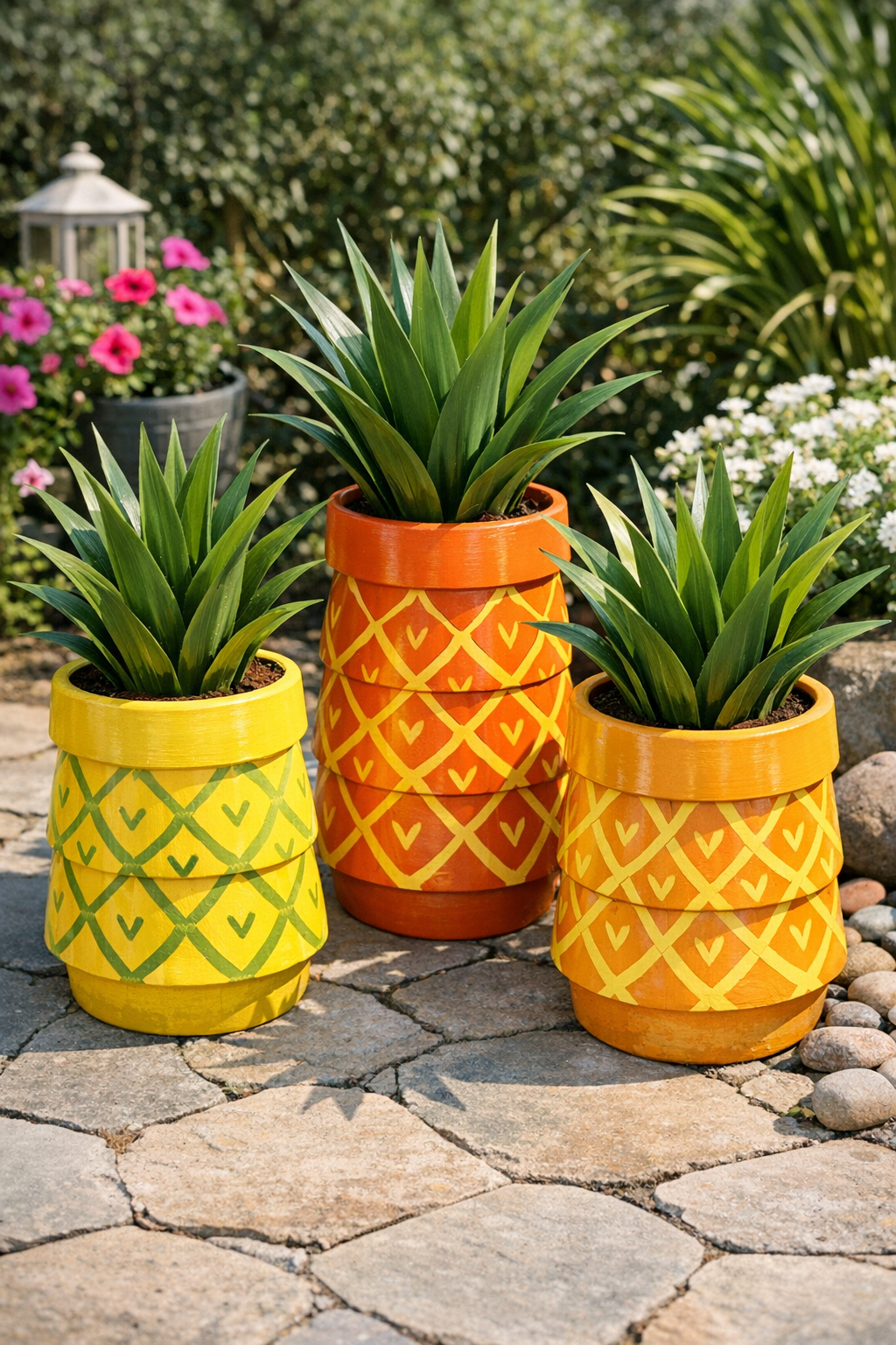 Finished giant decorative backyard pineapples made from painted terracotta pots and green agave leaves