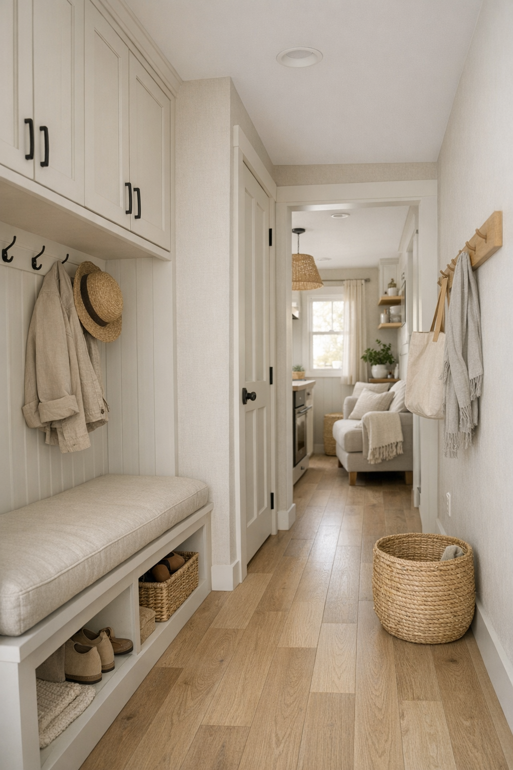 Thoughtfully designed tiny home passage and built-in storage area with soft neutral finishes
