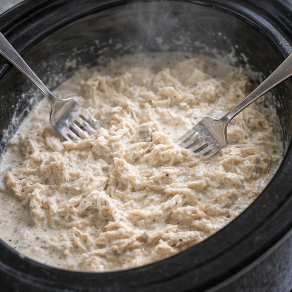 Shredded creamy ranch chicken inside the slow cooker