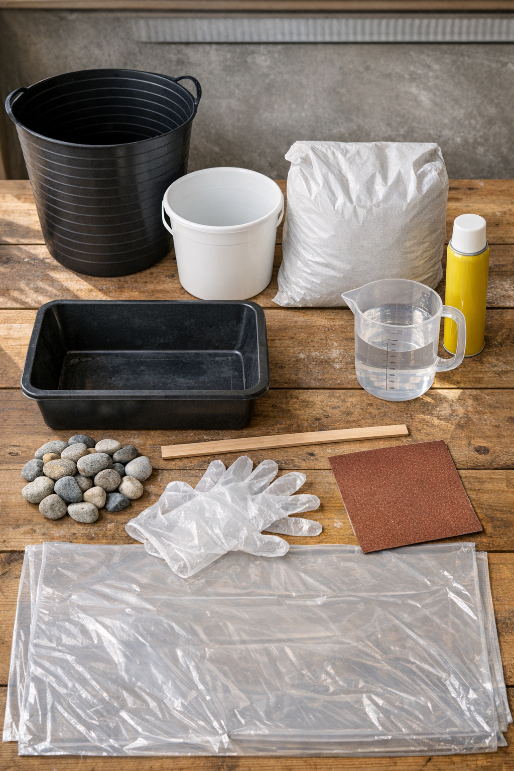 Materials for making a fluted concrete planter laid out on a work surface