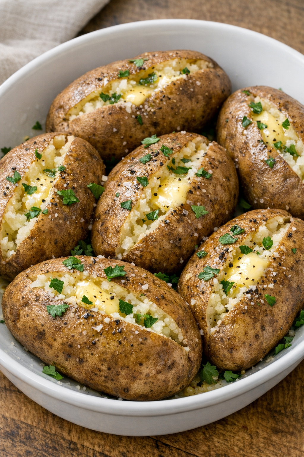 Finished slow cooker russet potatoes plated with butter and parsley