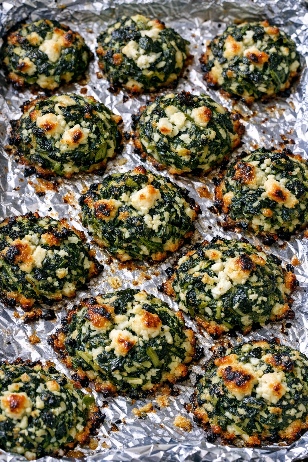 Low carb spinach feta bakes on a foil-lined tray