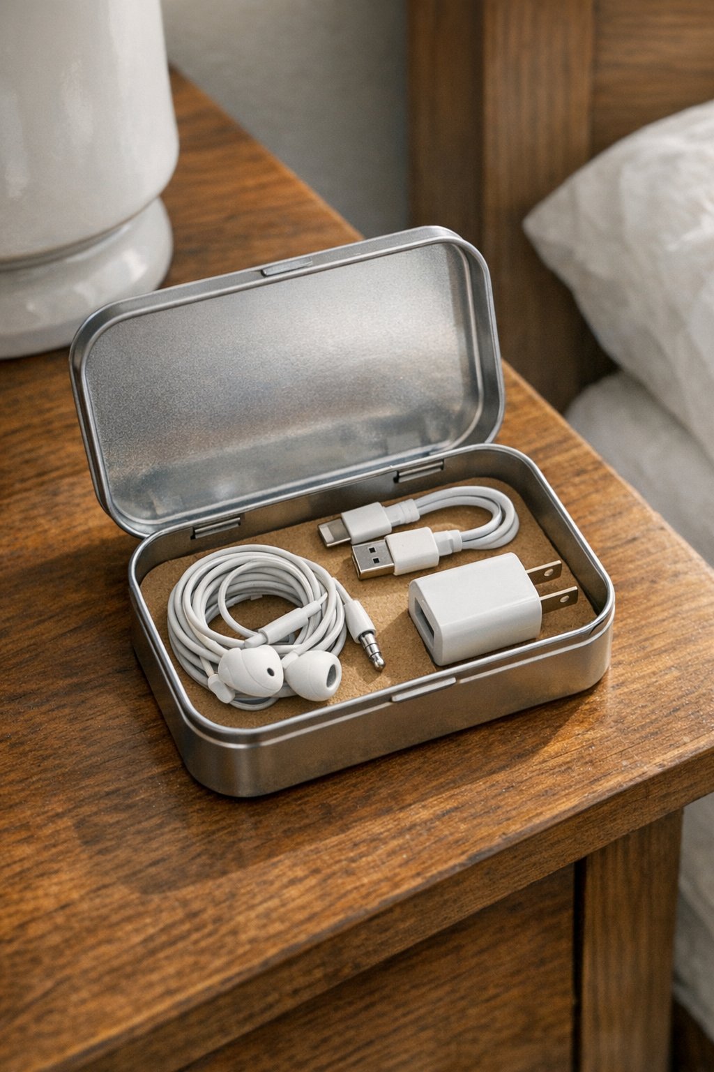 Mint tin storing earbuds and a short charging cord