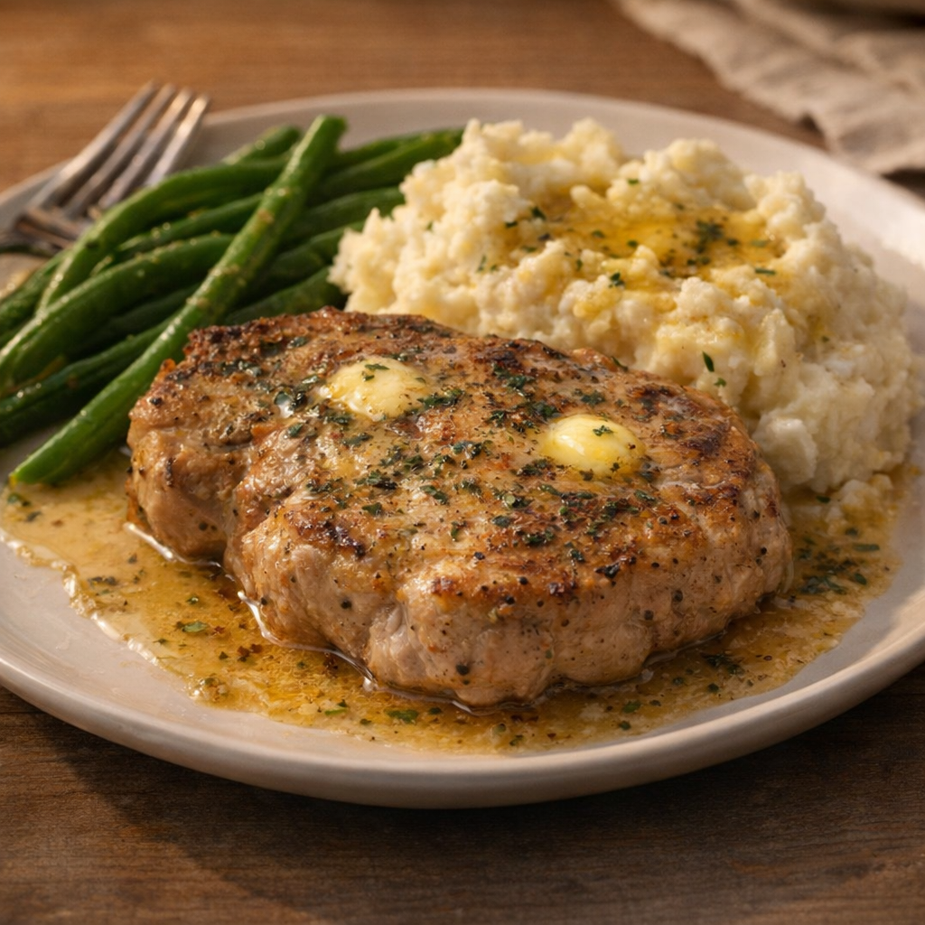 Plated ranch pork chop with mashed potatoes and green beans