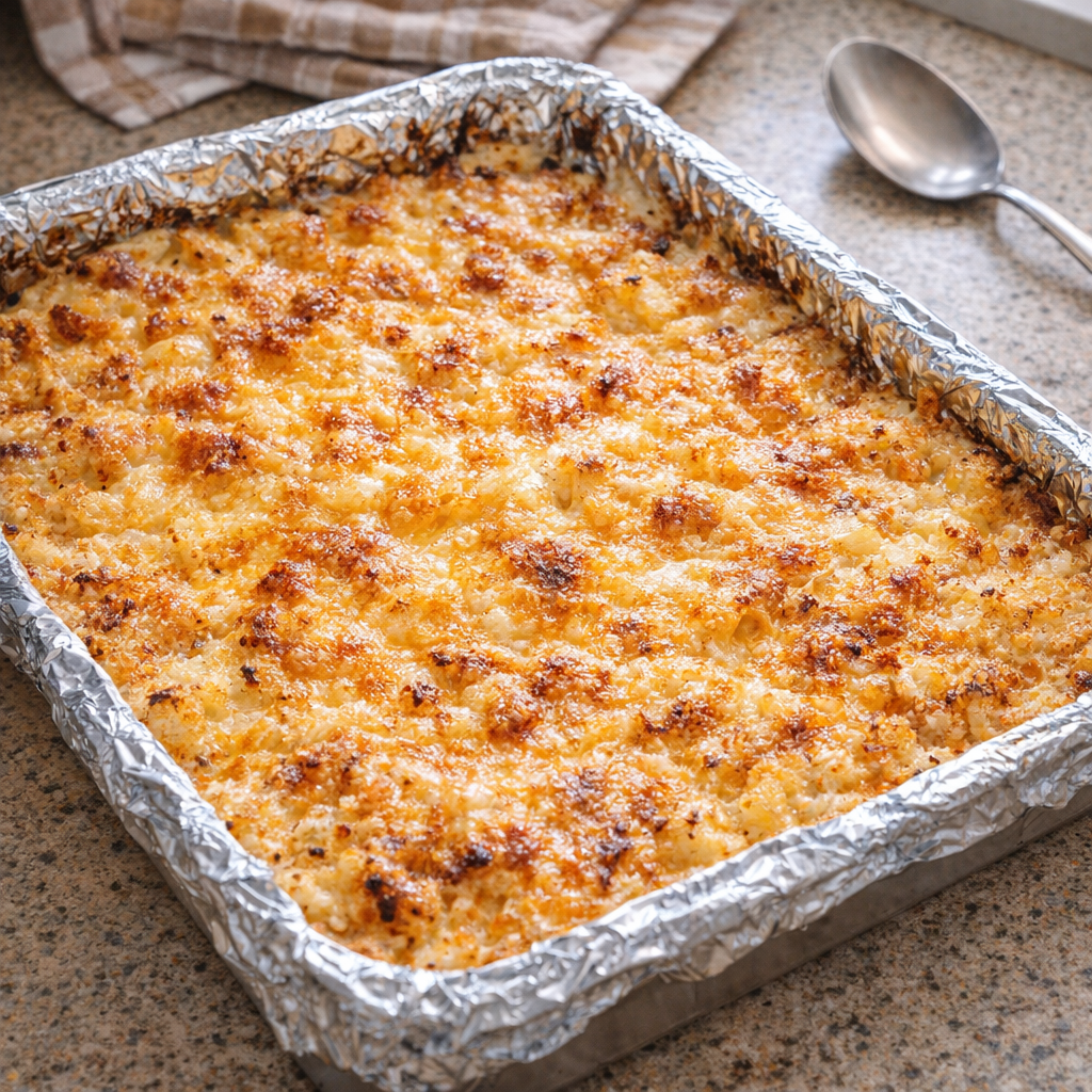 Freshly baked cheesy hashbrown casserole in a foil-lined baking dish