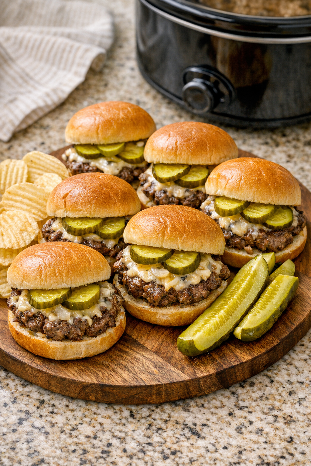 Finished beef sliders plated on a serving board