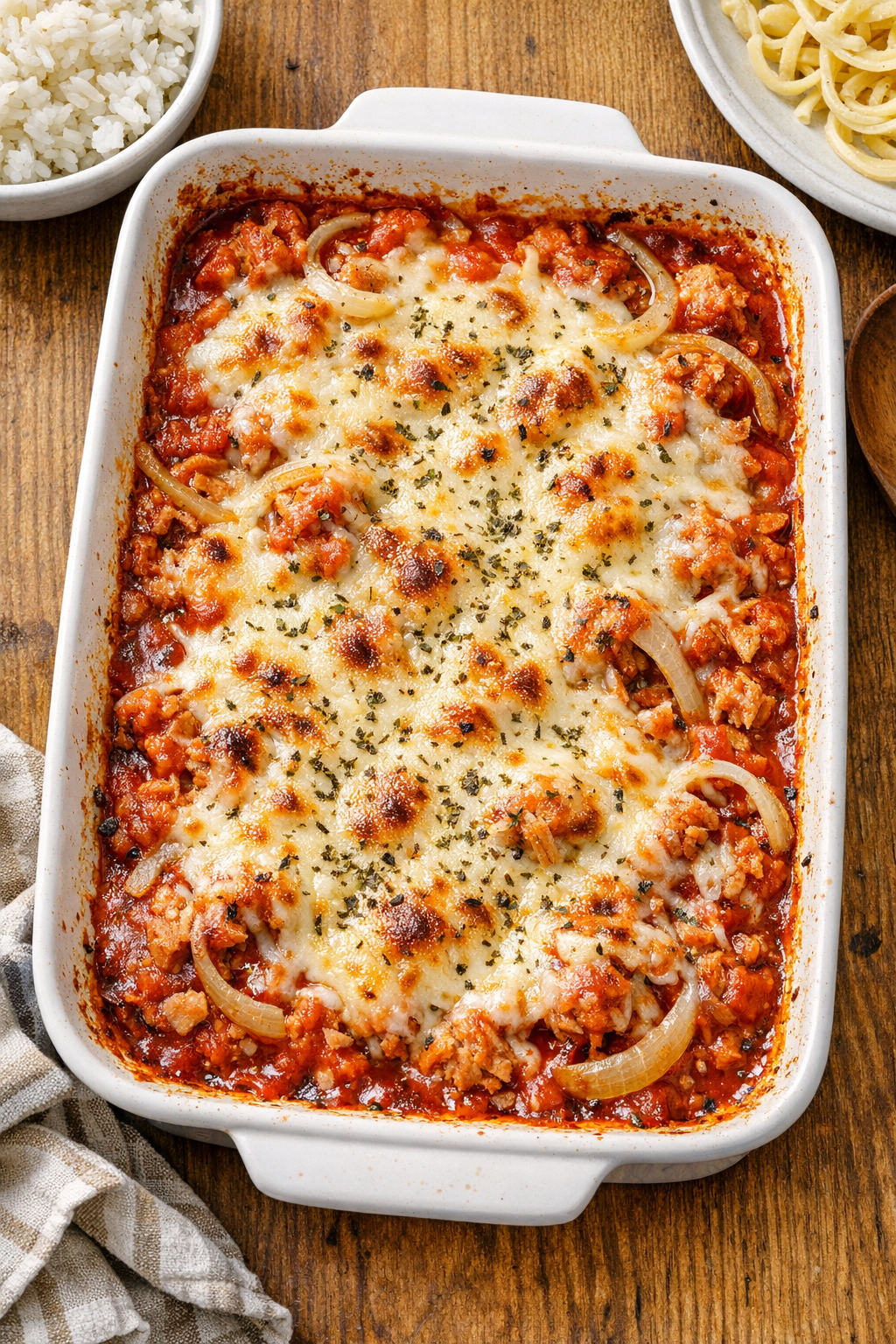 Finished baked tomato tuna in a casserole dish