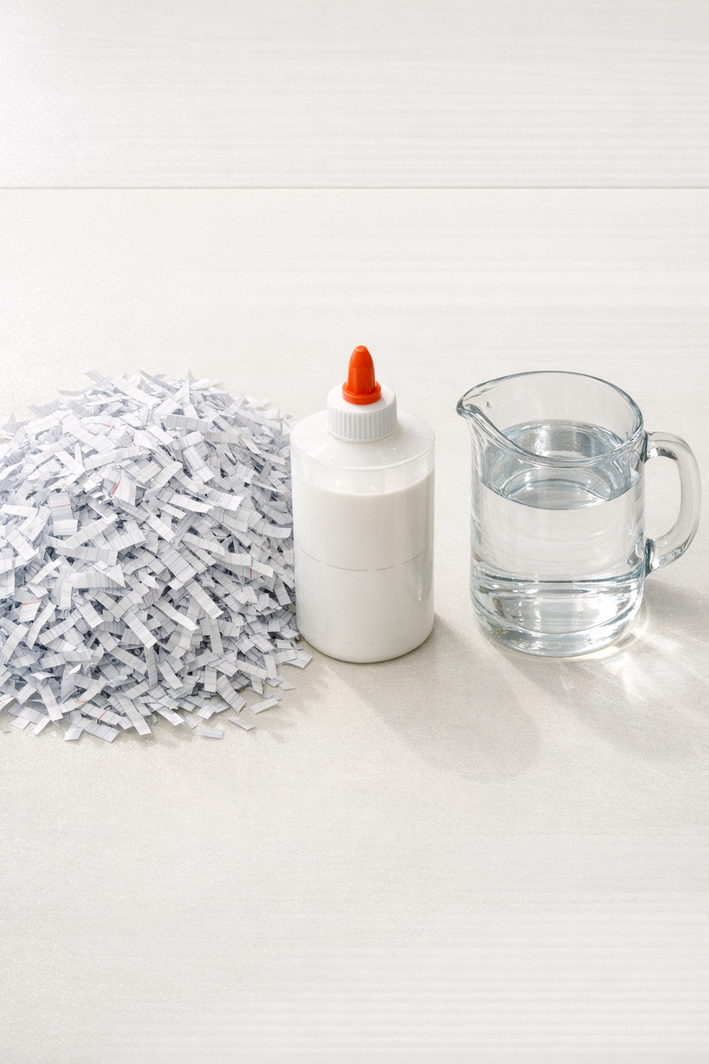 Shredded lined paper, white glue, and water laid out for tile making
