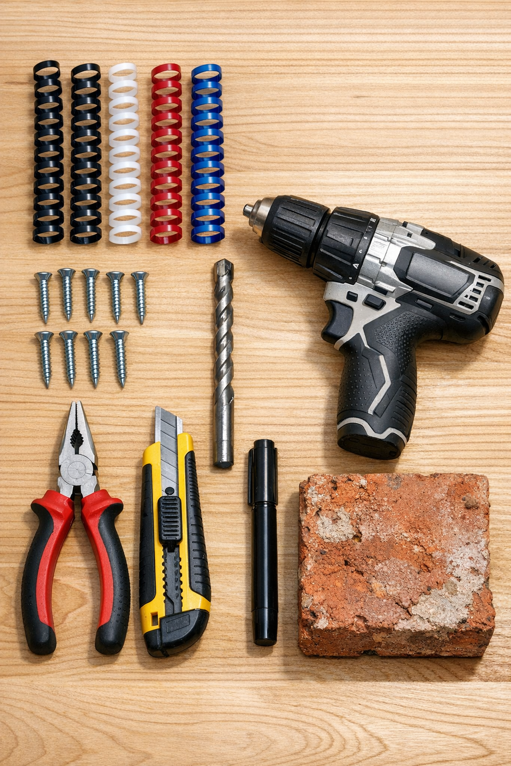 Plastic spiral binding coils, screws, drill bit, lighter, pliers, and masonry tools laid out on a workbench