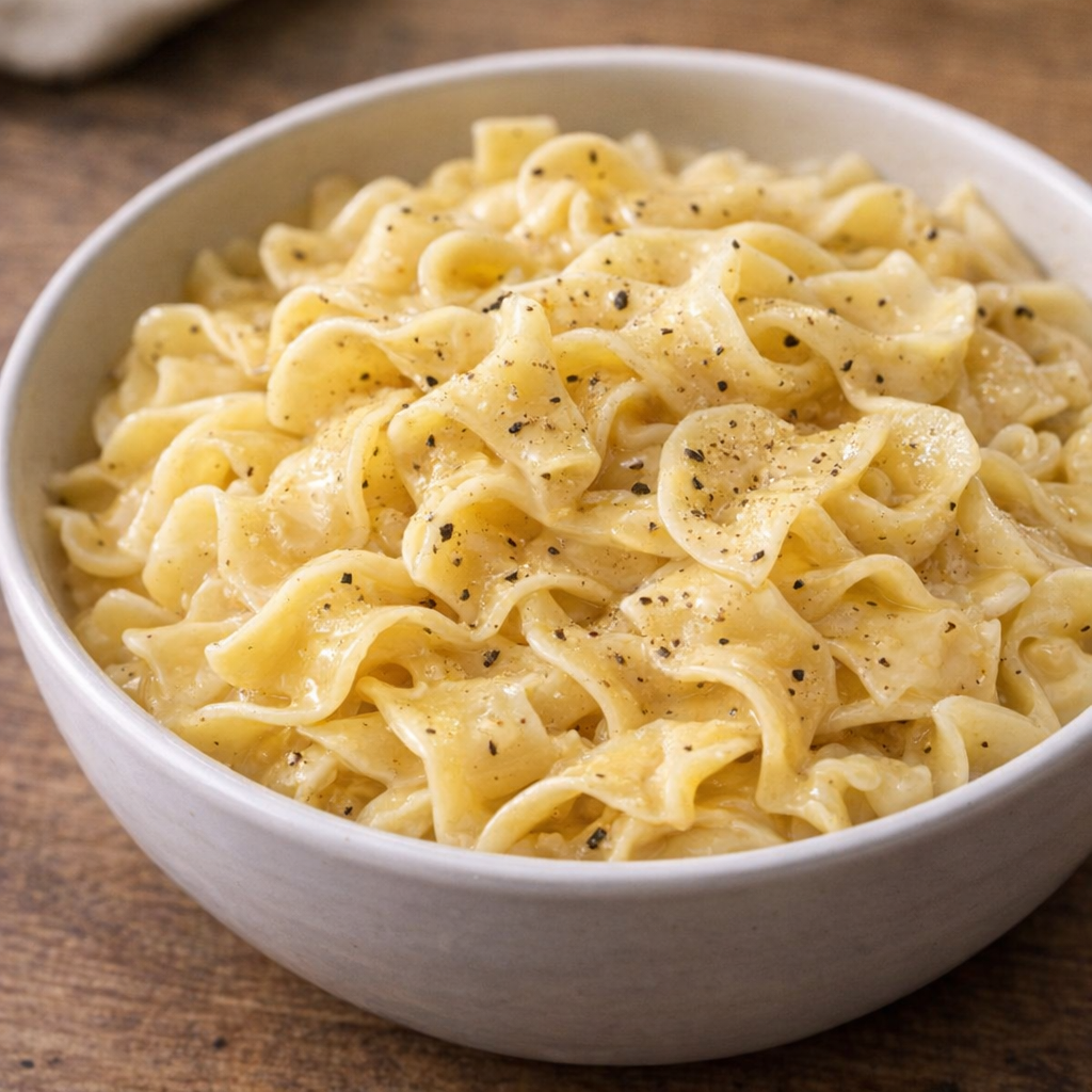 Freshly served butter noodles with black pepper in a simple bowl