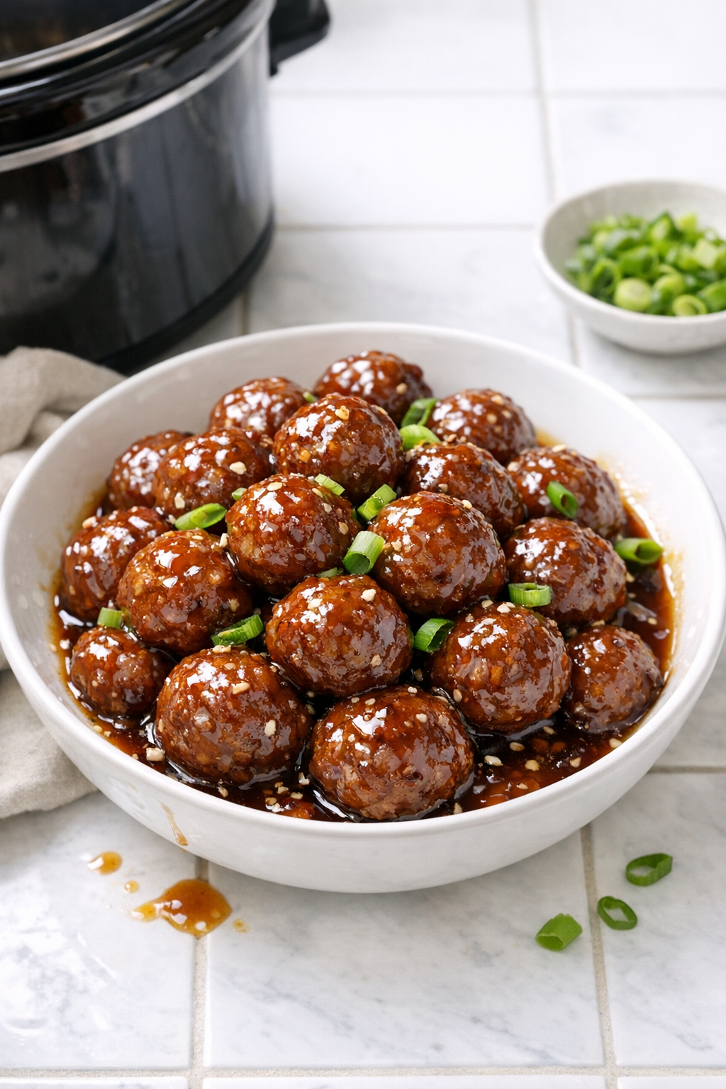 Finished honey garlic meatballs plated with glossy sauce