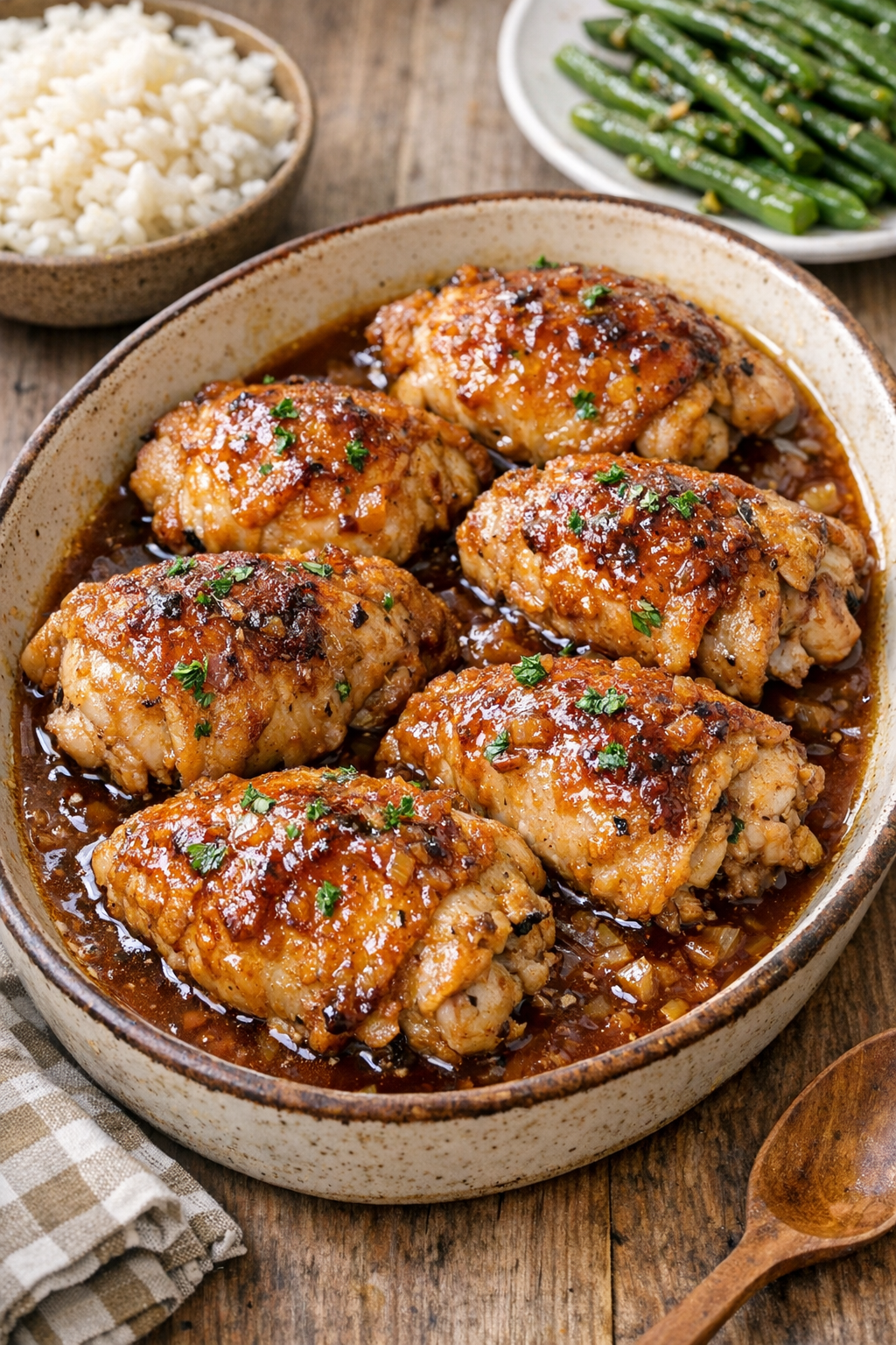 Finished slow cooker chicken thighs in glossy sauce
