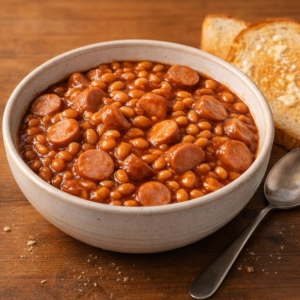 Beanie weenies served in a bowl with toast