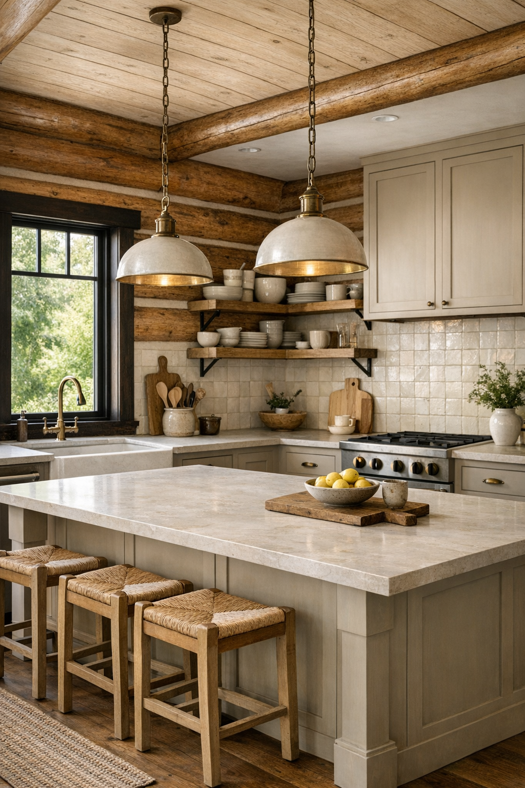 Kitchen with creamy mushroom cabinetry, stone island, and handmade tile backsplash