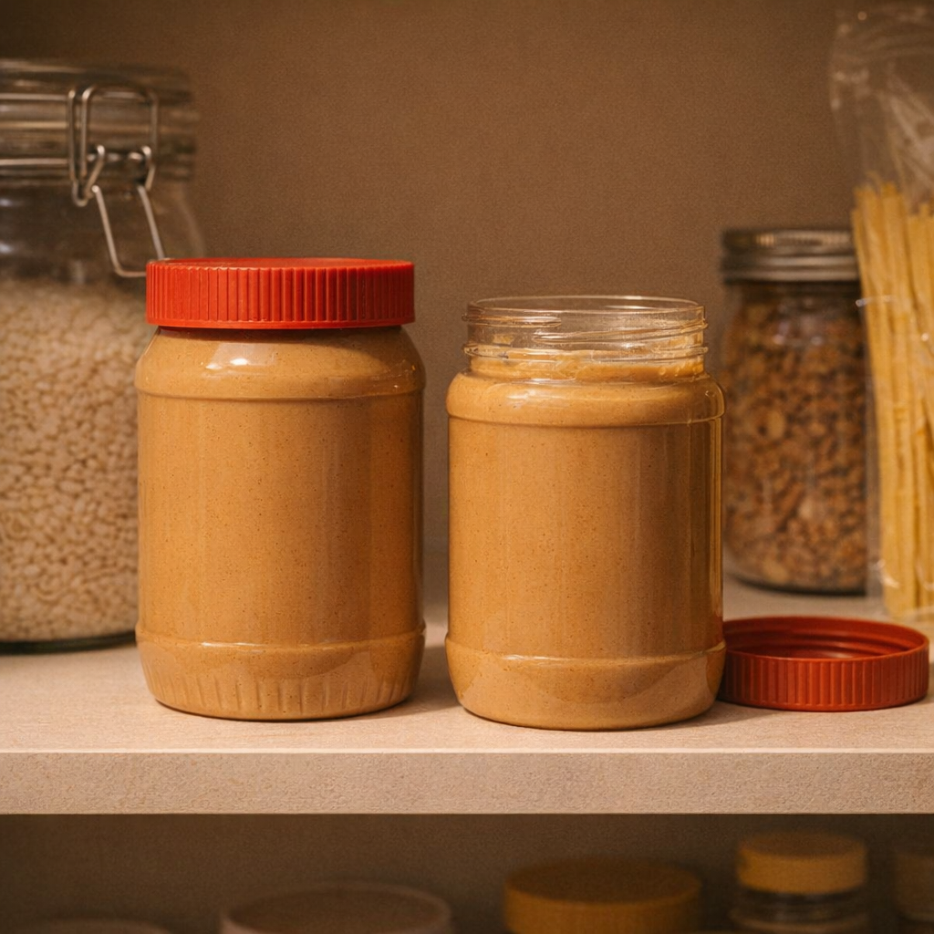Two jars of peanut butter labeled opened and unopened on pantry shelf