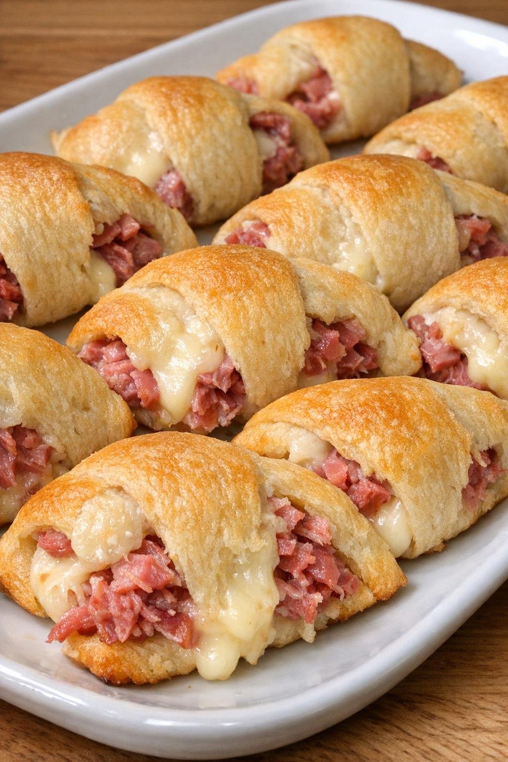 Golden brown crescent bites with corned beef and brick cheese on a white platter
