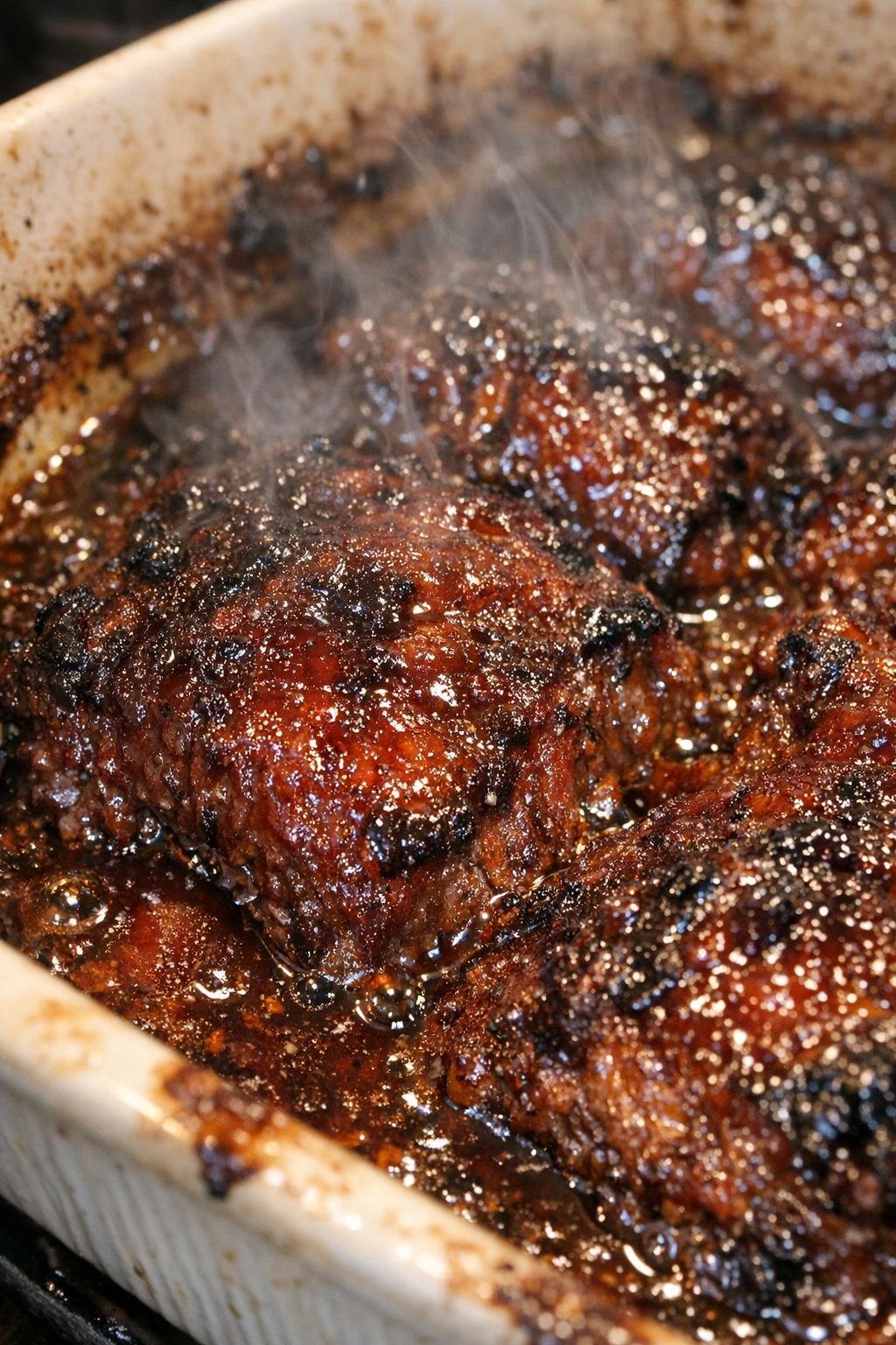 Bubbling oven beef in a ceramic baking dish