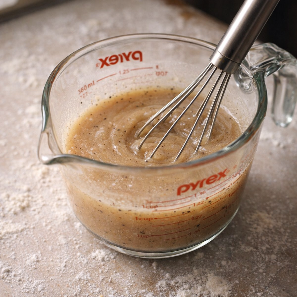 Gravy base being whisked in a glass measuring cup