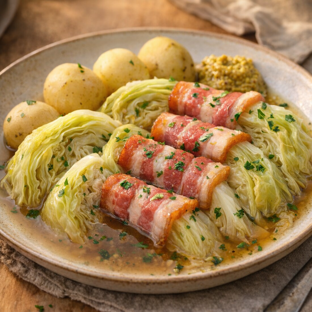 Finished bacon and cabbage with potatoes and mustard