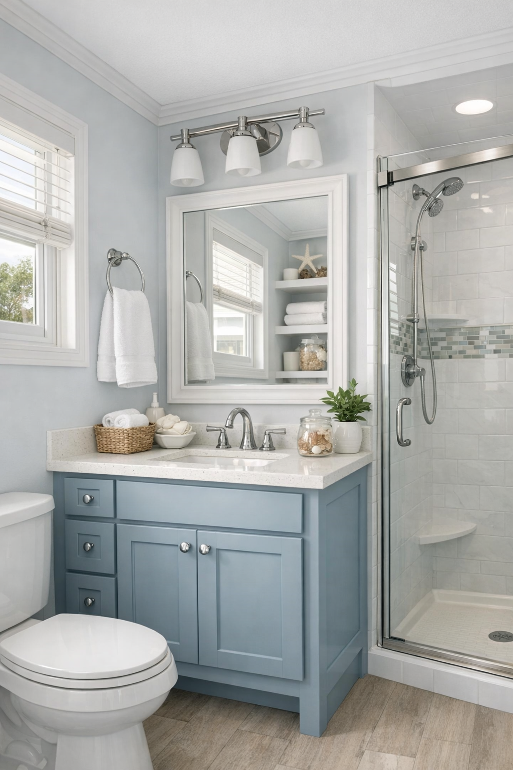 Fresh coastal bathroom with a light vanity, simple tile, and bright reflective finishes