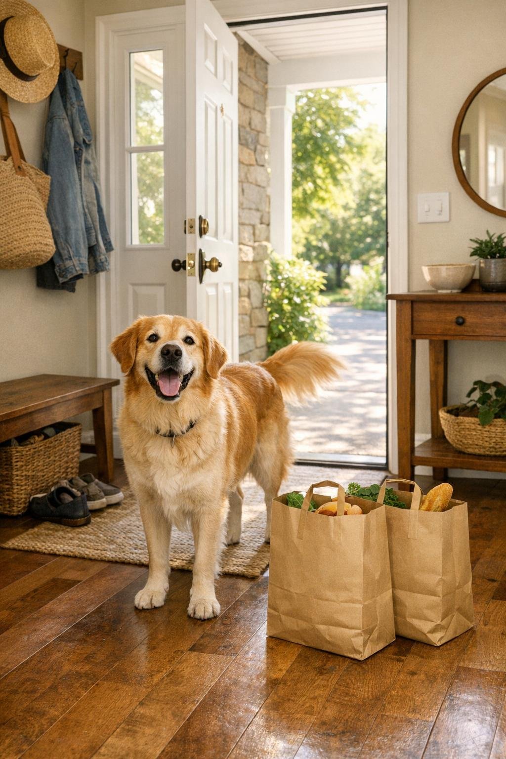 Dog excited in a home entryway with grocery bags nearby