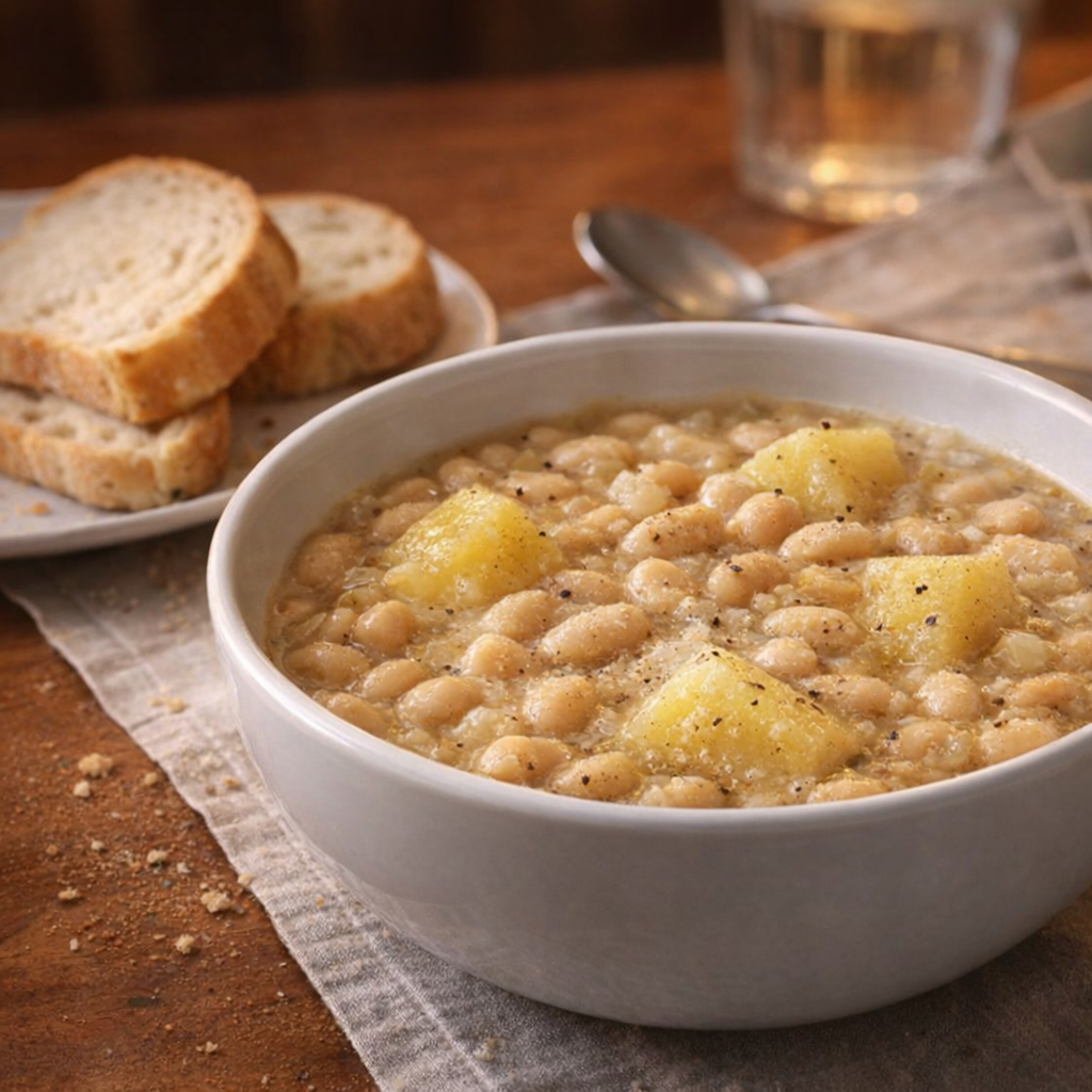 Serving of stew with bread for a simple weeknight meal
