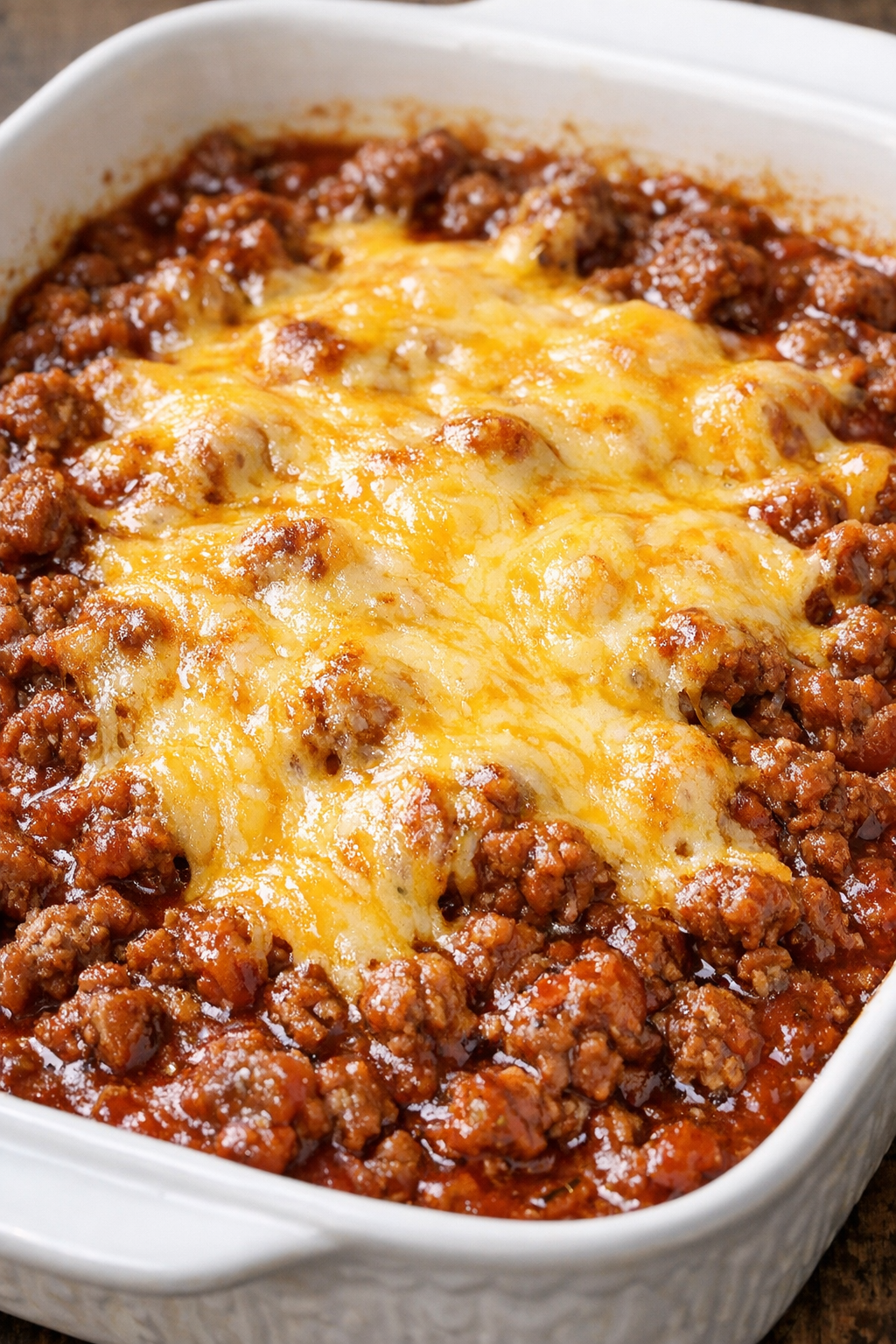 Low carb sloppy joe skillet with melted cheddar in a ceramic casserole dish