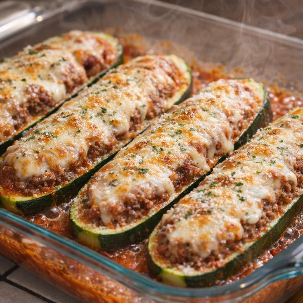 Melted mozzarella on baked stuffed zucchini