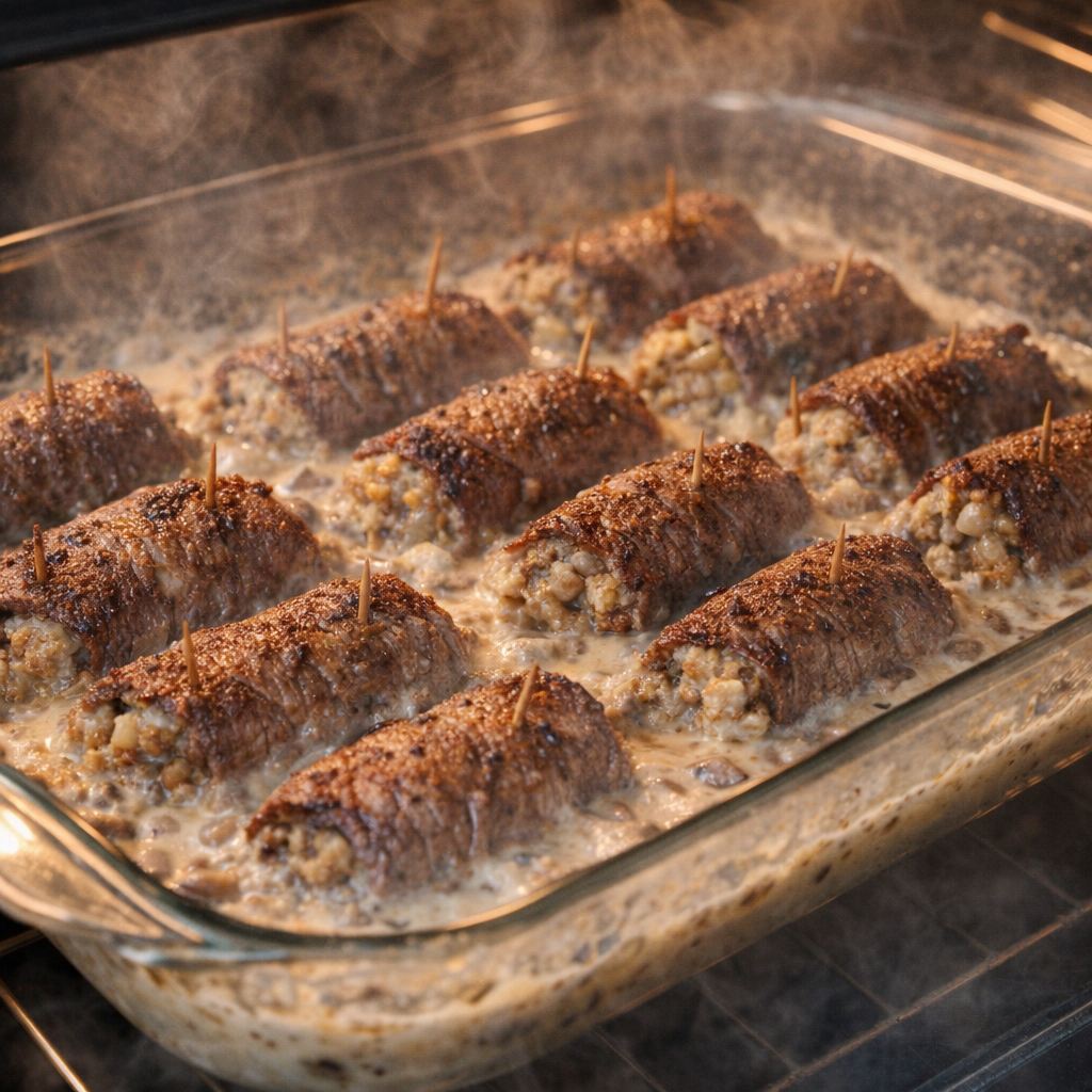 Beef roll ups baking with bubbling mushroom sauce