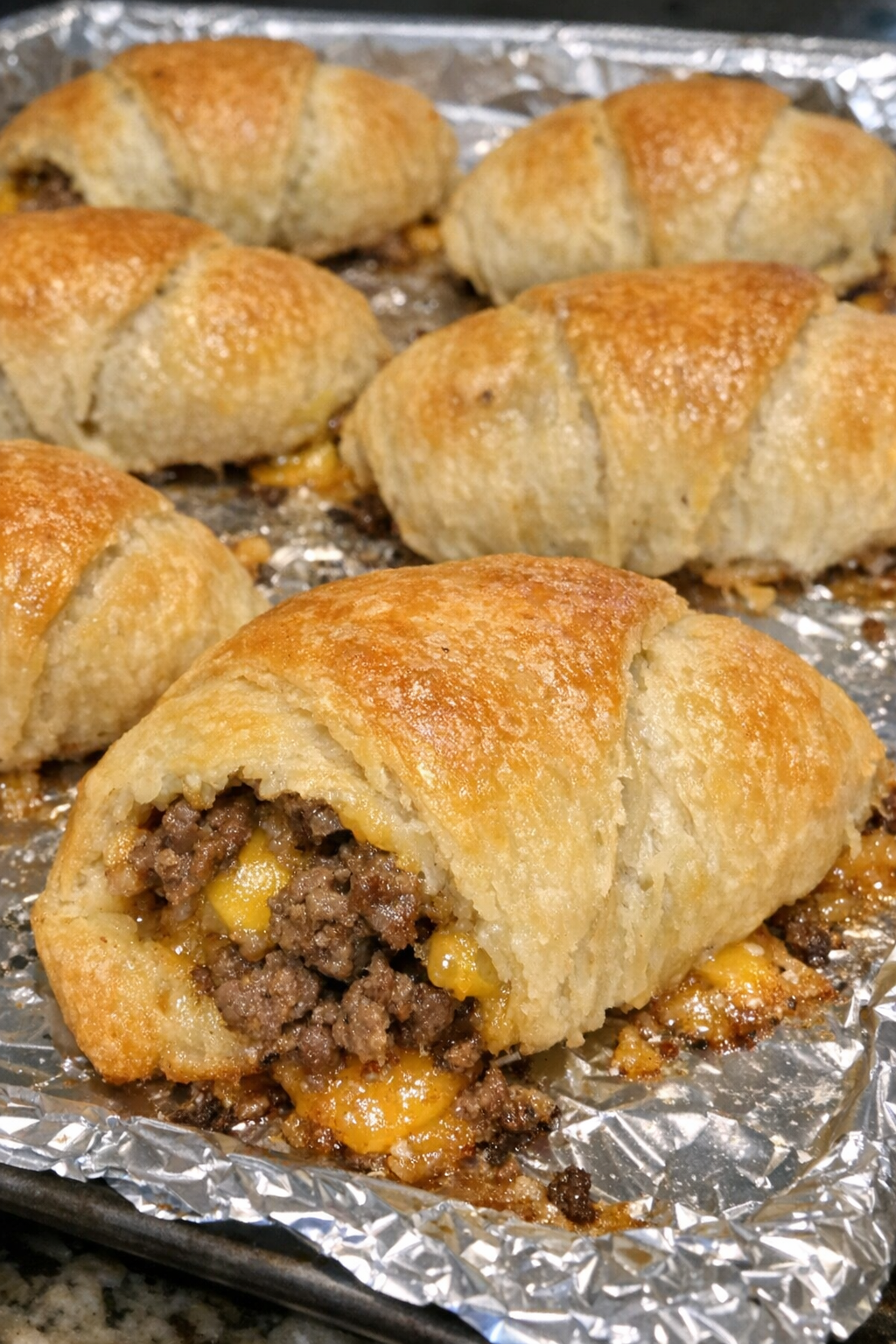 Oven baked beef crescent dumplings on a foil-lined baking sheet