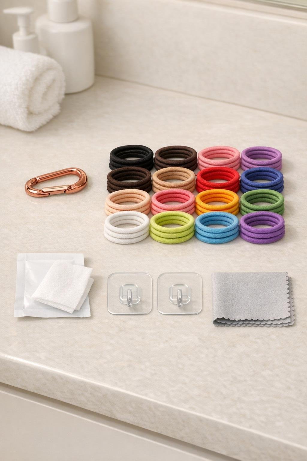 Materials for a bathroom hair tie organizer laid out neatly