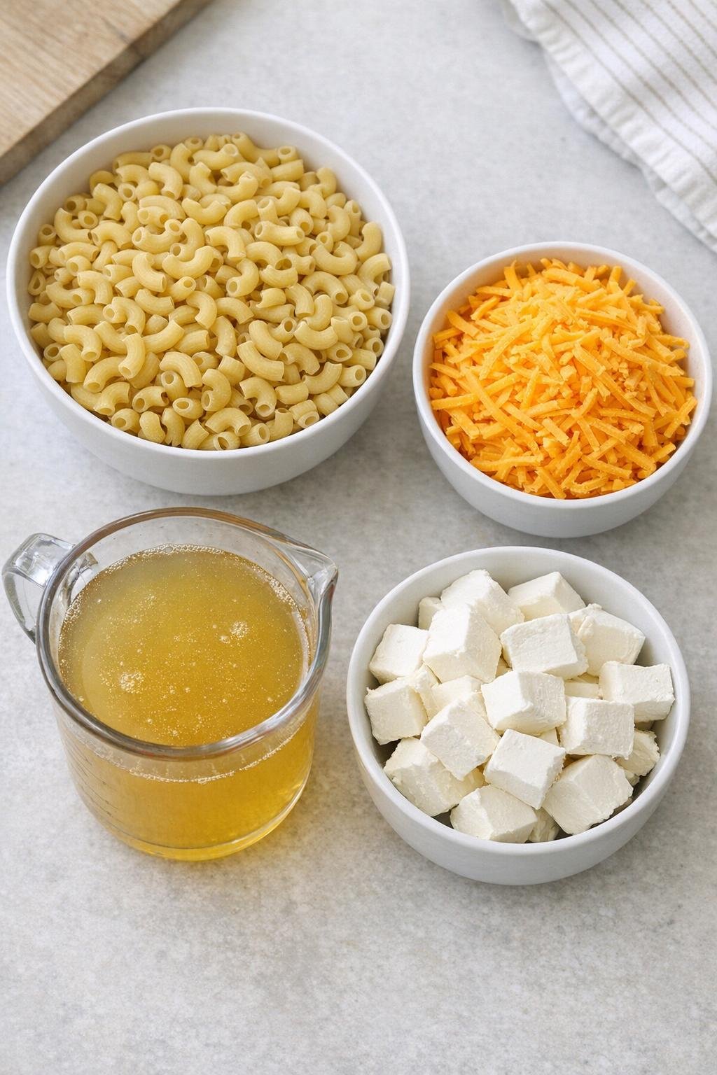 Measured macaroni, broth, cream cheese, and cheddar cheese