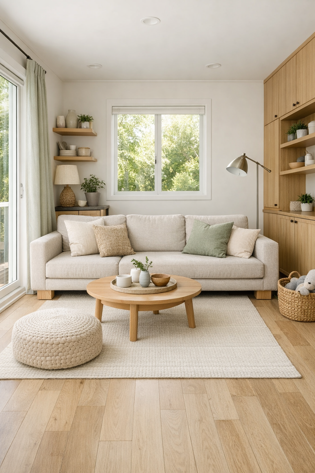 Accessible tiny home living room with oatmeal sofa and pale oak finishes