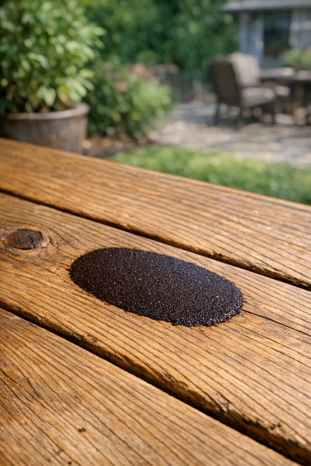 Finished deck repair made with a coffee grounds patching compound