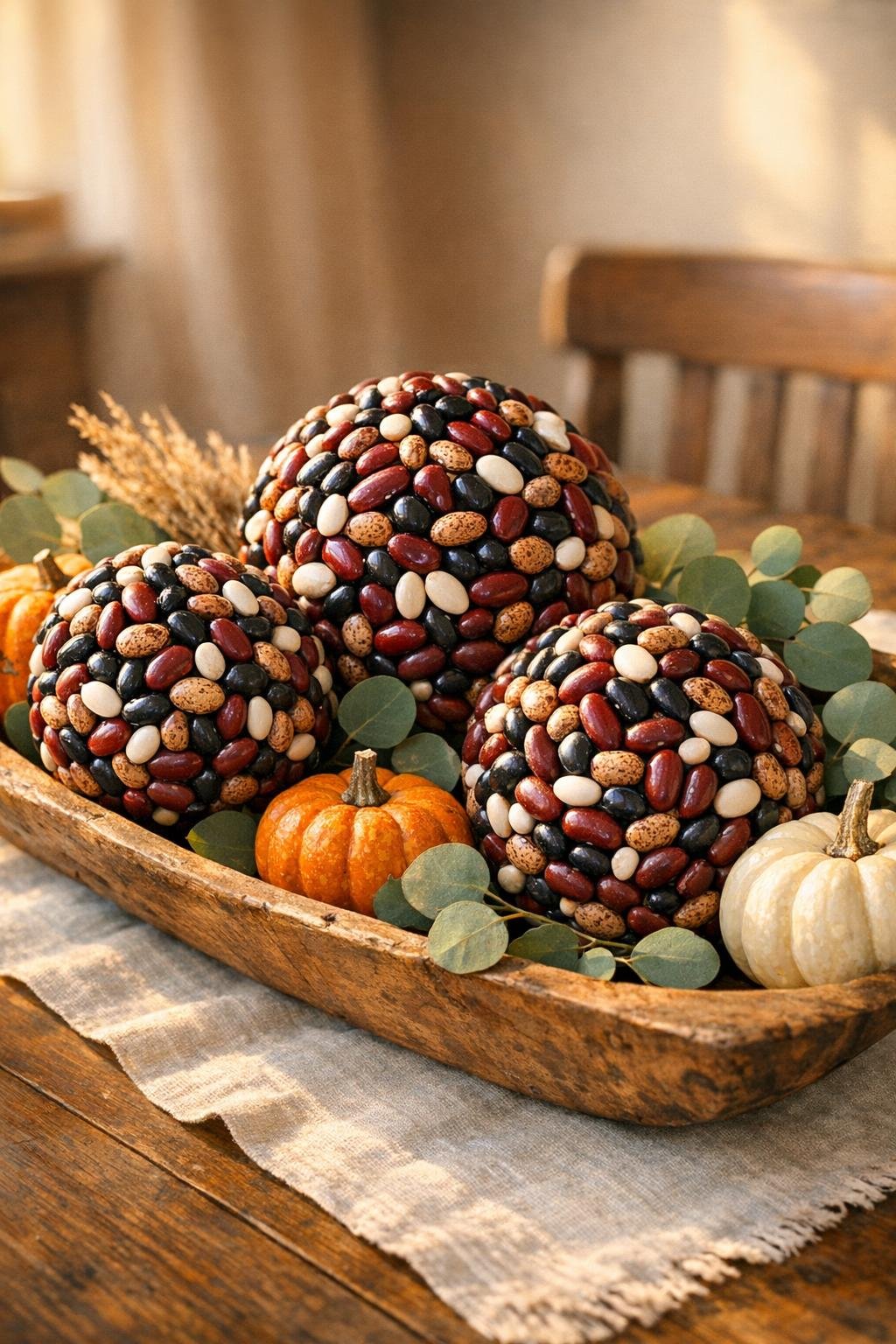 Finished bean-covered harvest spheres styled in a fall centerpiece