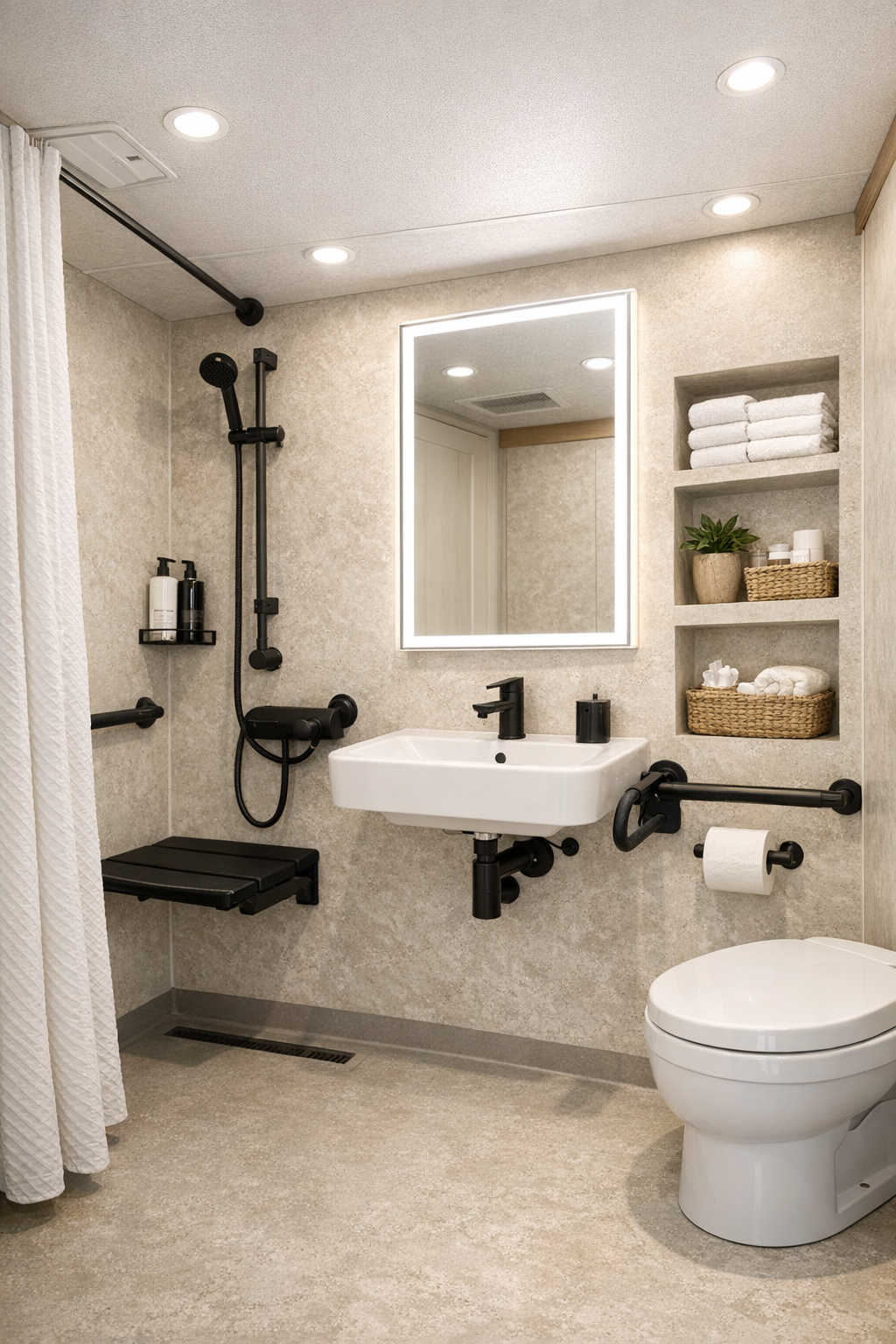 Modern accessible RV camper bathroom with curbless shower and soft stone-look walls