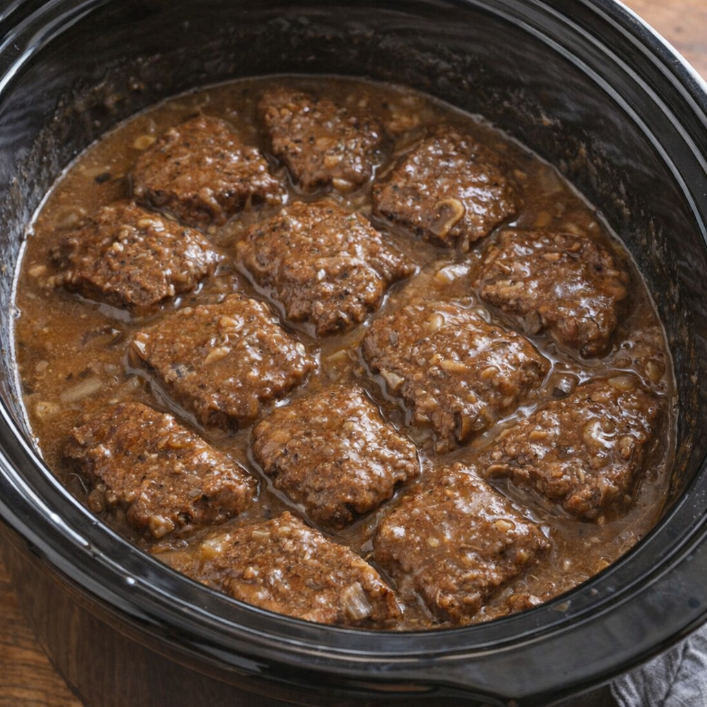 Slow cooker beef cubed steaks with gravy in a crock pot