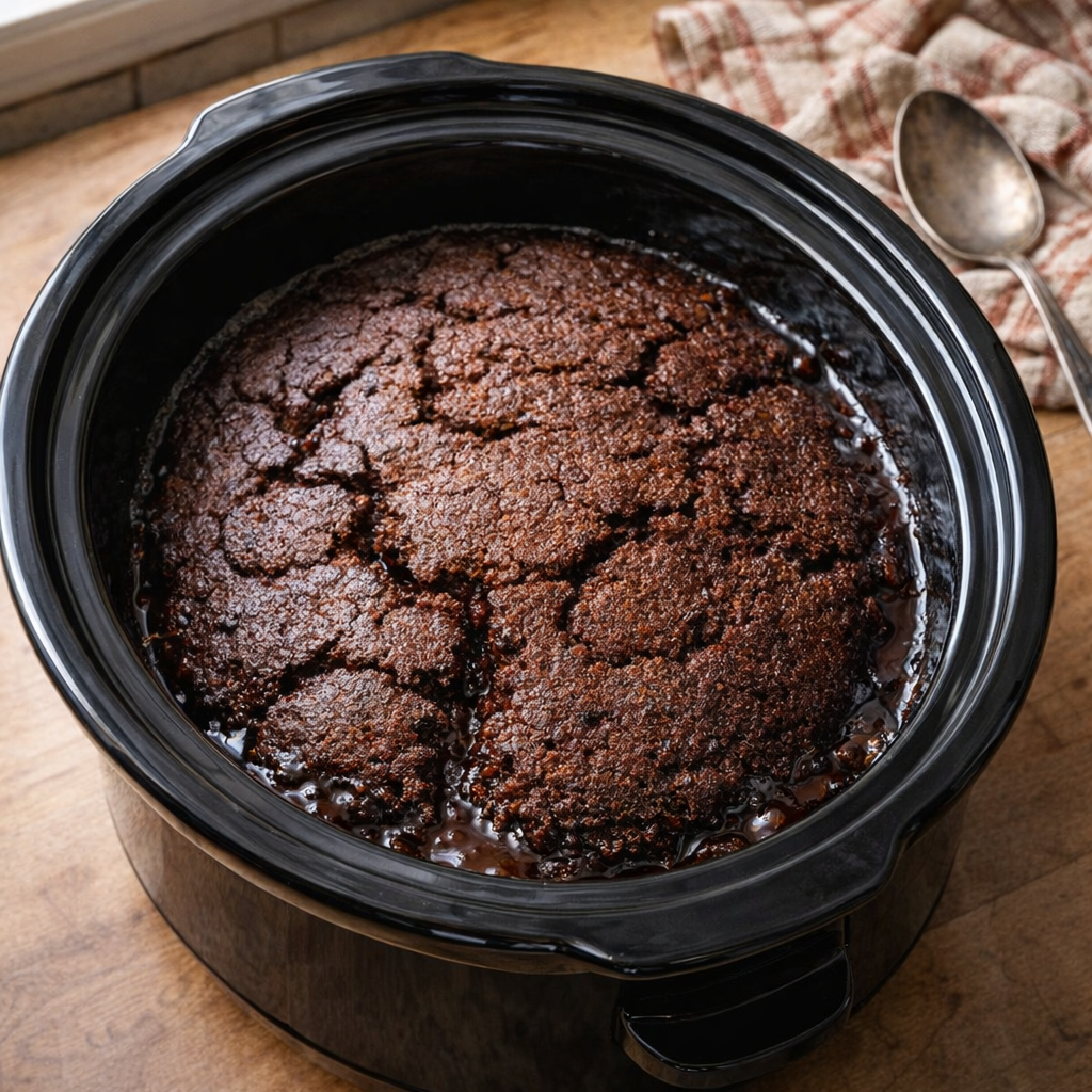 Slow cooker root beer pudding cake ready to serve