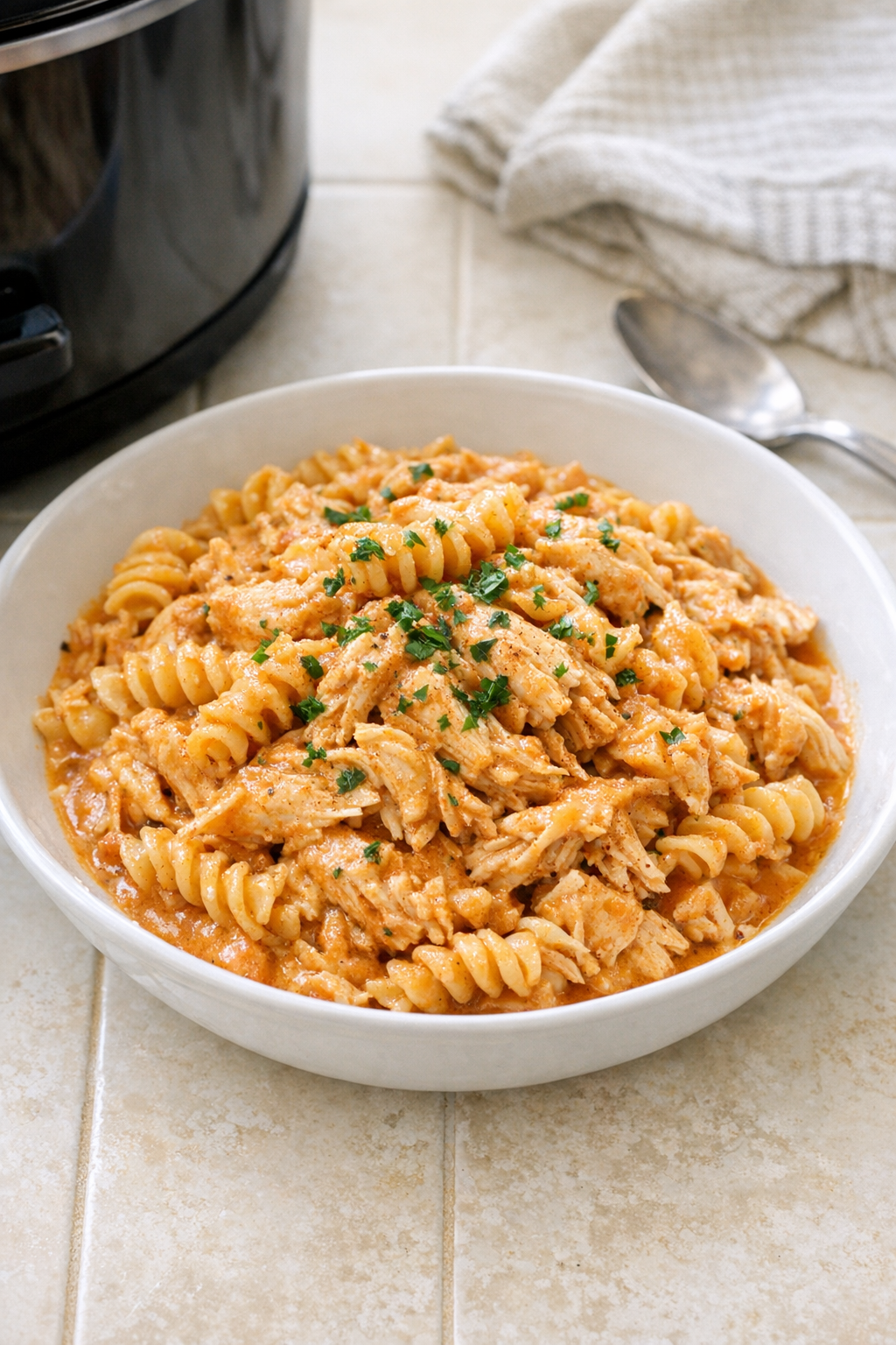 Finished paprika chicken pasta plated in a shallow bowl
