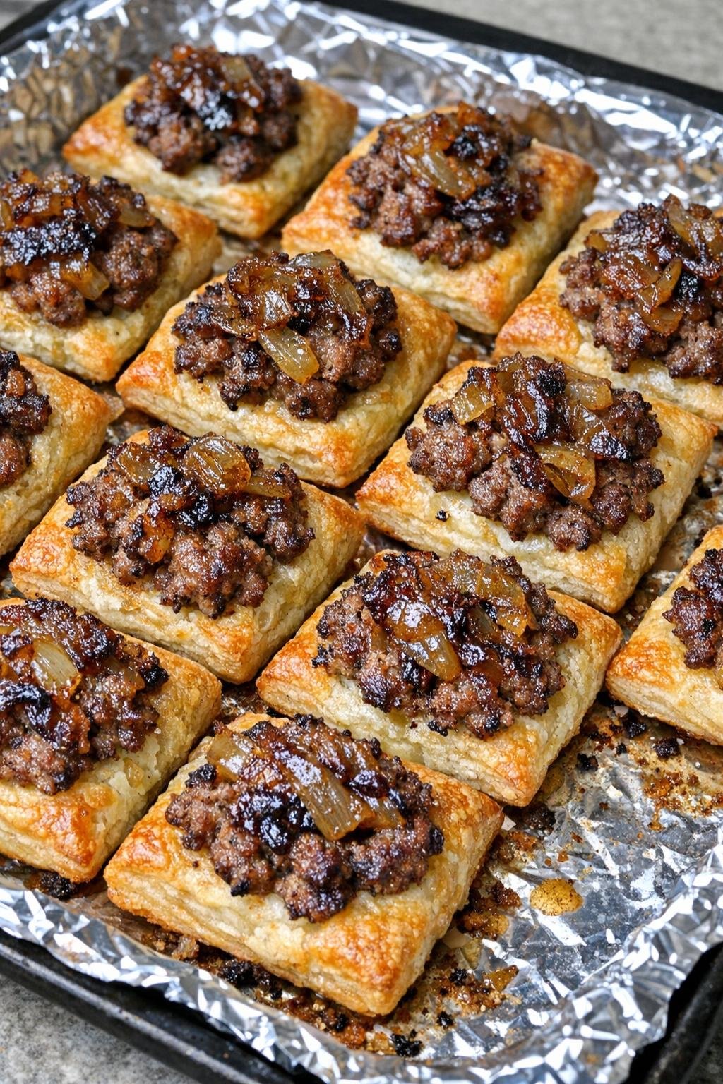 Close-up of baked beef and onion bites