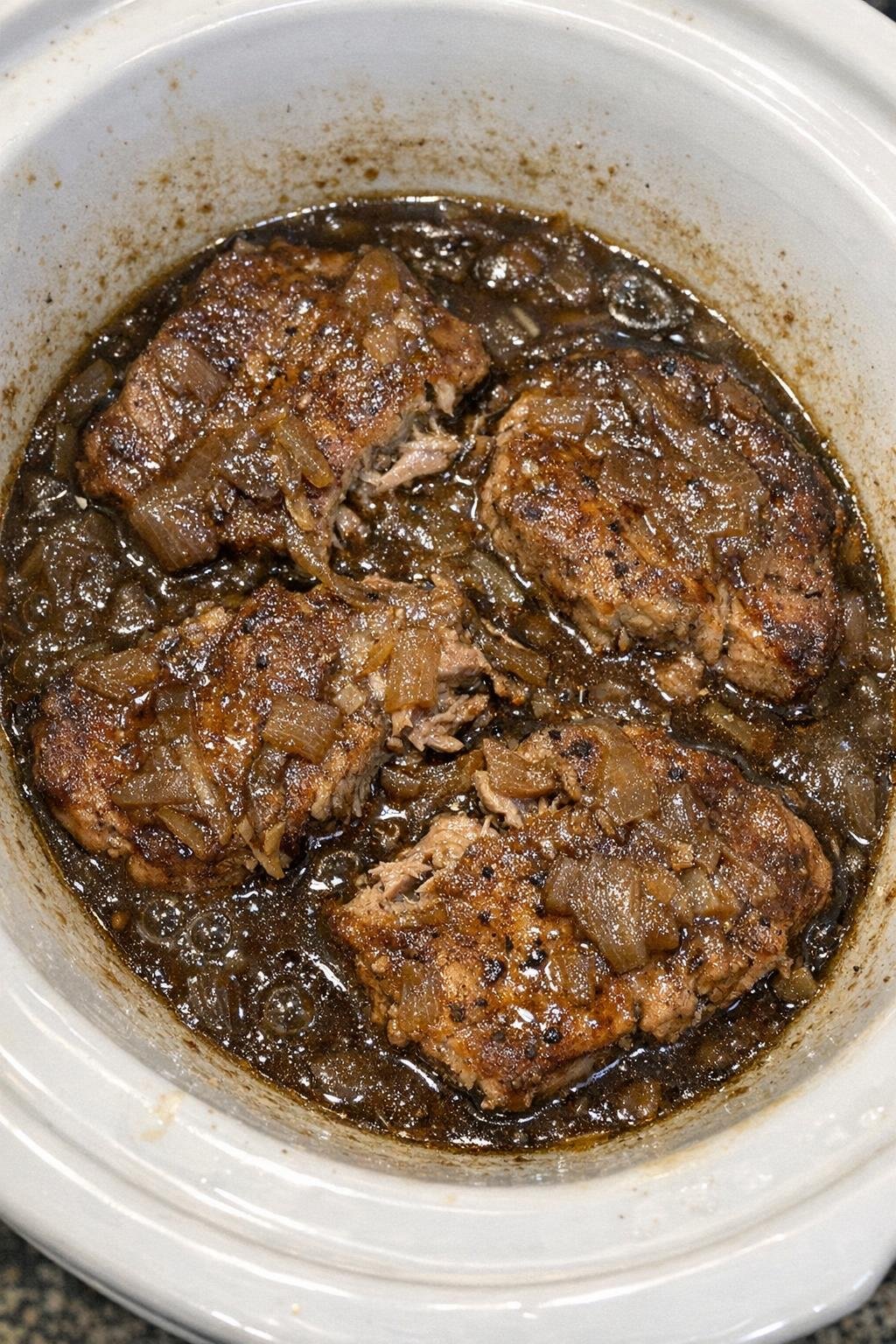 Slow cooker French onion pork chops in a white slow cooker