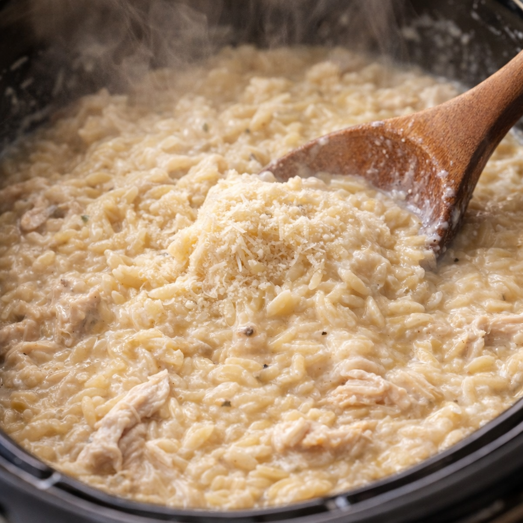 Parmesan being stirred into creamy finished orzo