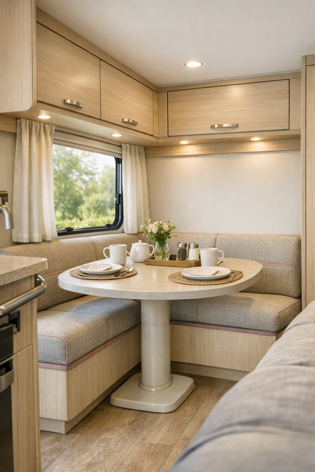 Compact RV dining nook with curved table, upholstered benches, and warm natural light