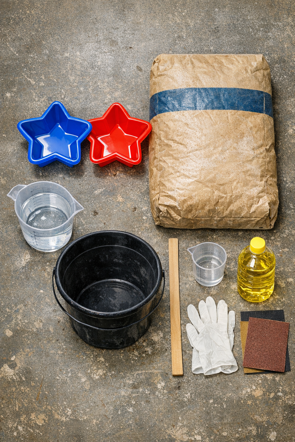Materials for making cement yard molds laid out on a work surface