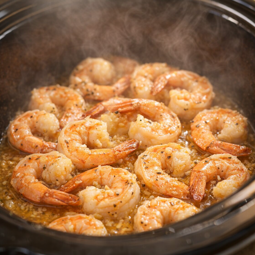 Cooked shrimp glistening in buttery garlic juices